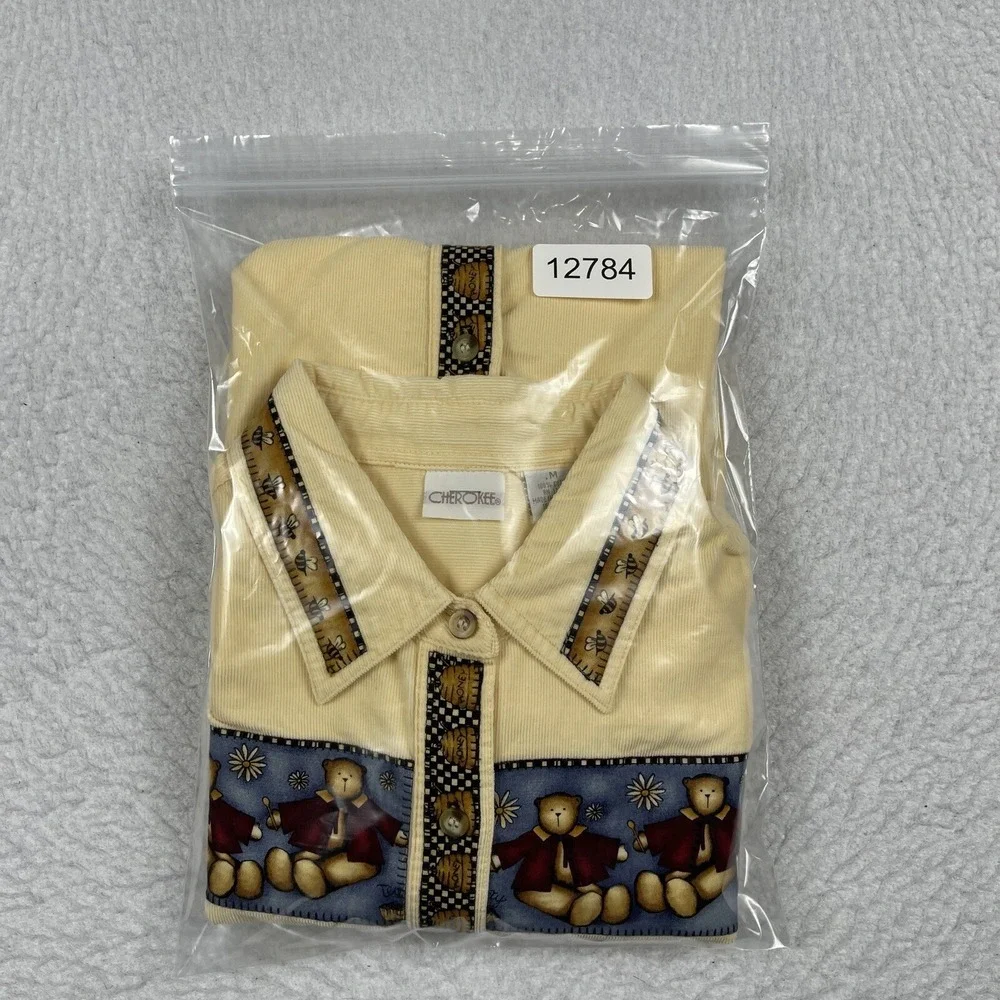 Cherokee Shirt Womens Medium Yellow Orange Corduroy Bears‎ Honey Tea Party VTG